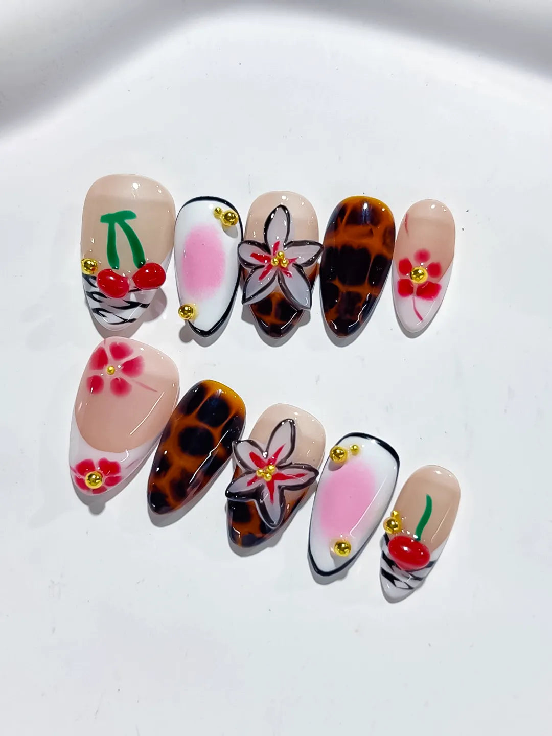 Nude White Brown Pink Red Abstract Cherry Flower Animal Print press on nails detail view