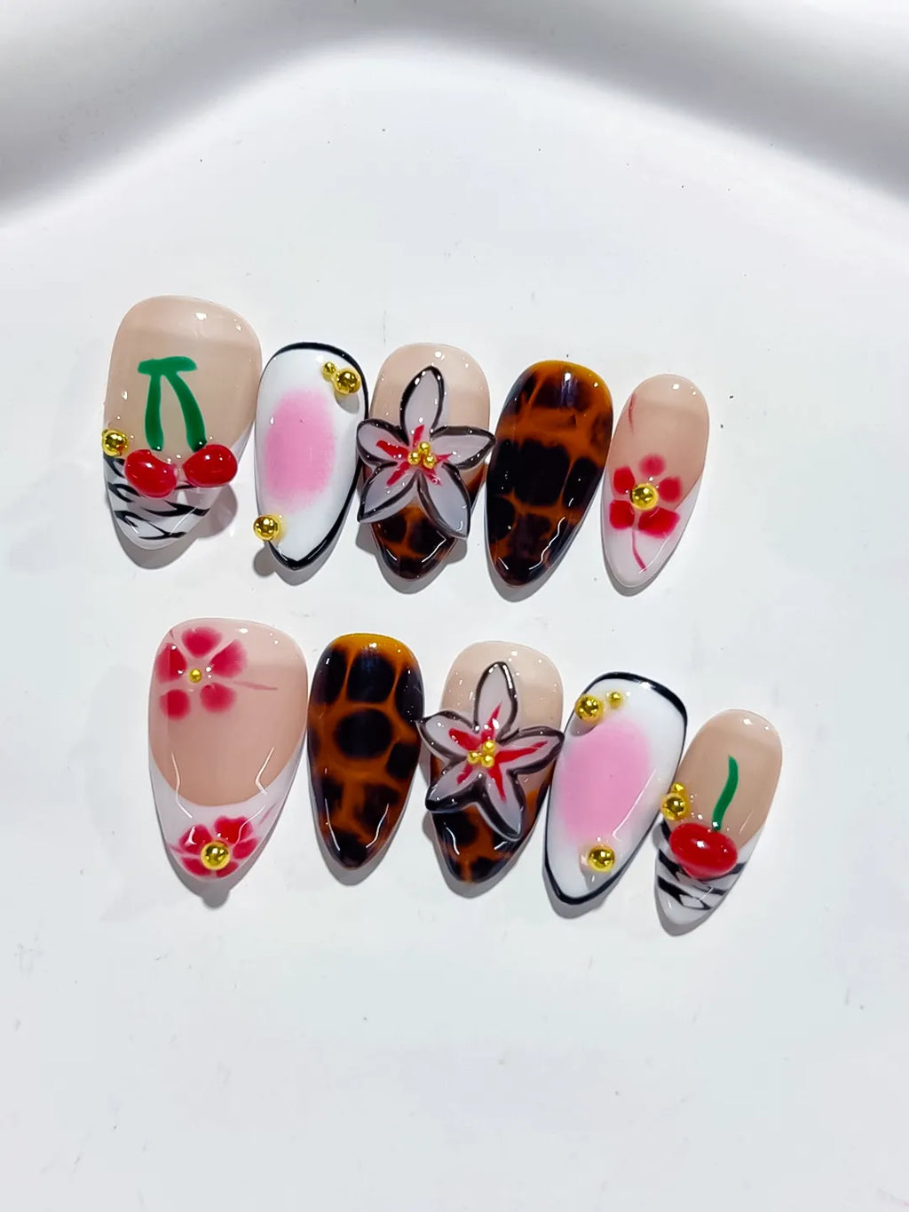 Nude White Brown Pink Red Abstract Cherry Flower Animal Print press on nails close up