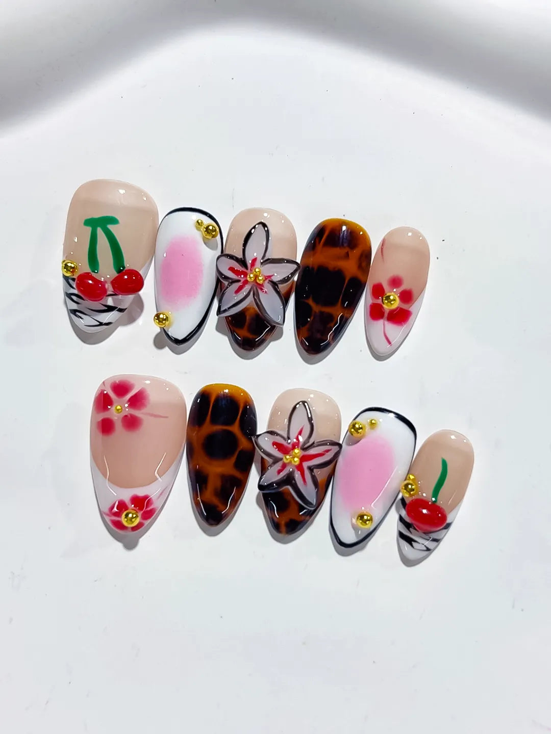 Nude White Brown Pink Red Abstract Cherry Flower Animal Print press on nails close up