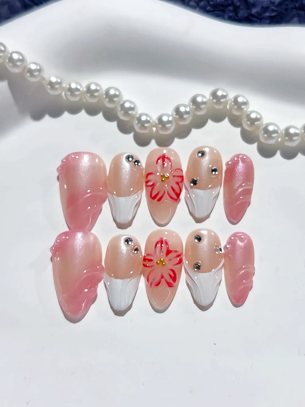 Pink White Nude Ombre Flower Rhinestone press on nails close up