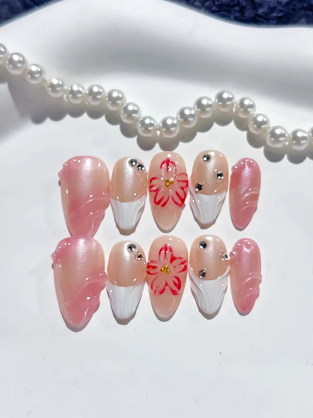 Pink White Nude Ombre Flower Rhinestone press on nails close up