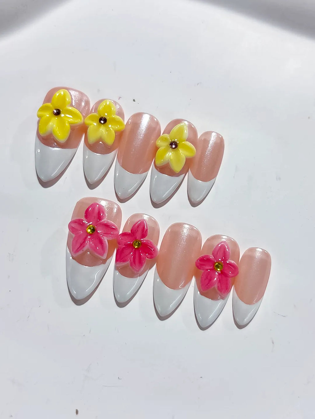 Nude White Pink Yellow French tip Flower press on nails close up