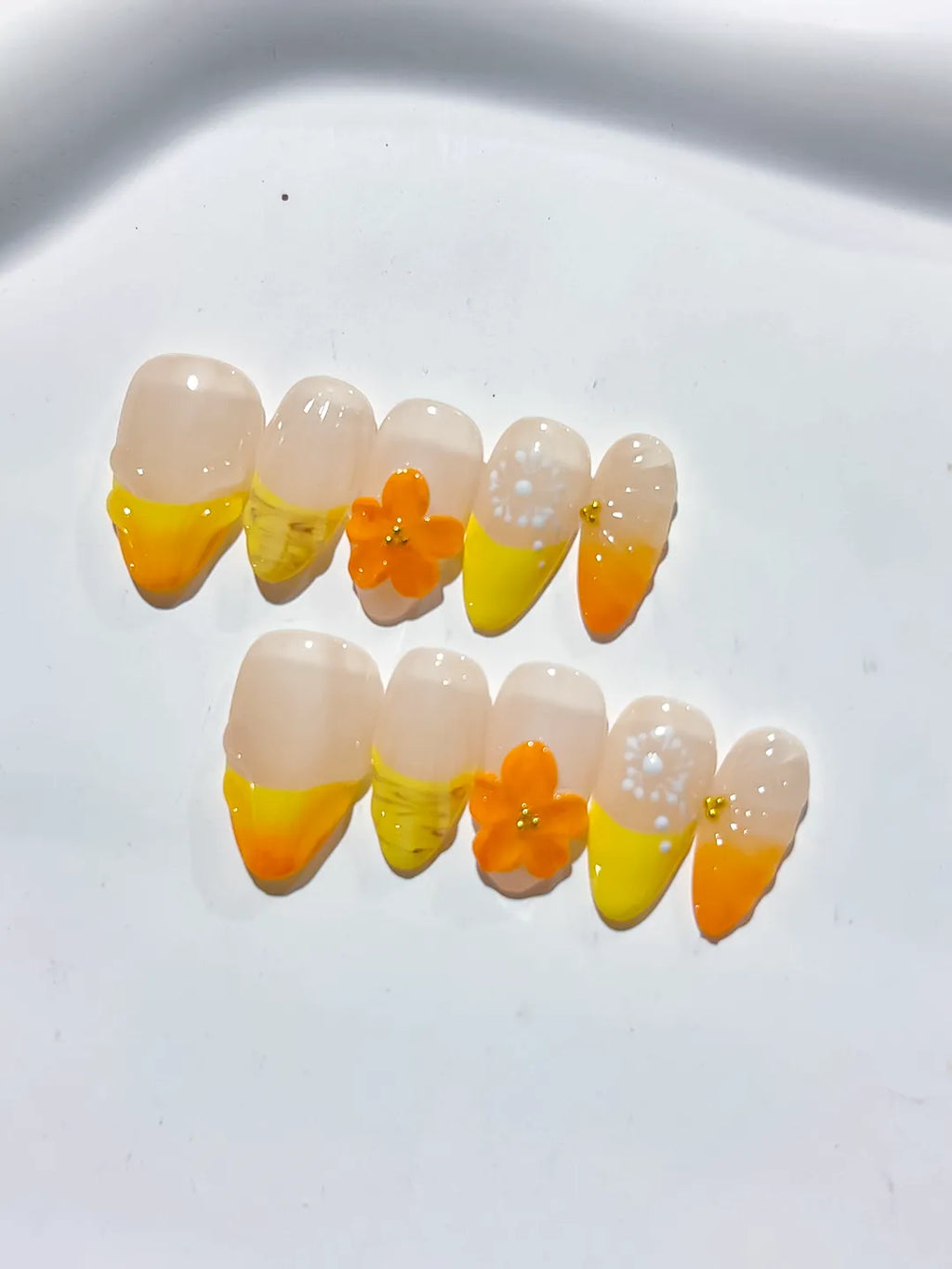 Nude Yellow Orange White French tip Flower Fruit press on nails detail view