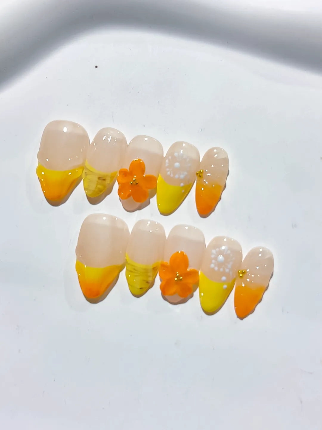 Nude Yellow Orange White French tip Flower Fruit press on nails detail view