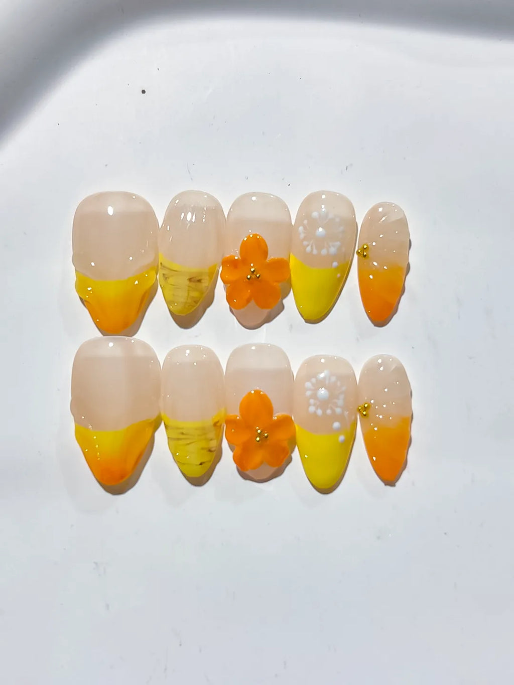 Nude Yellow Orange White French tip Flower Fruit press on nails detail view