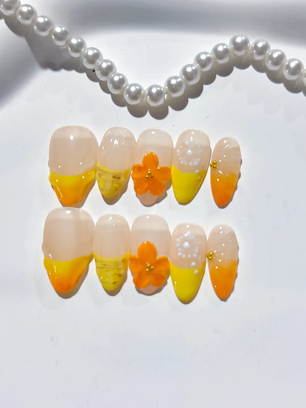 Nude Yellow Orange White French tip Flower Fruit press on nails close up