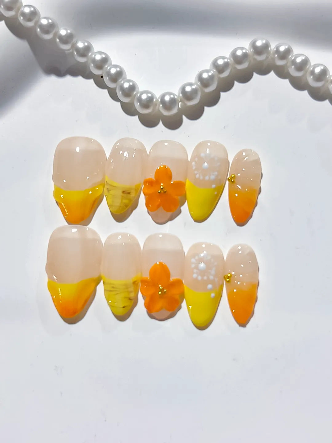 Nude Yellow Orange White French tip Flower Fruit press on nails close up