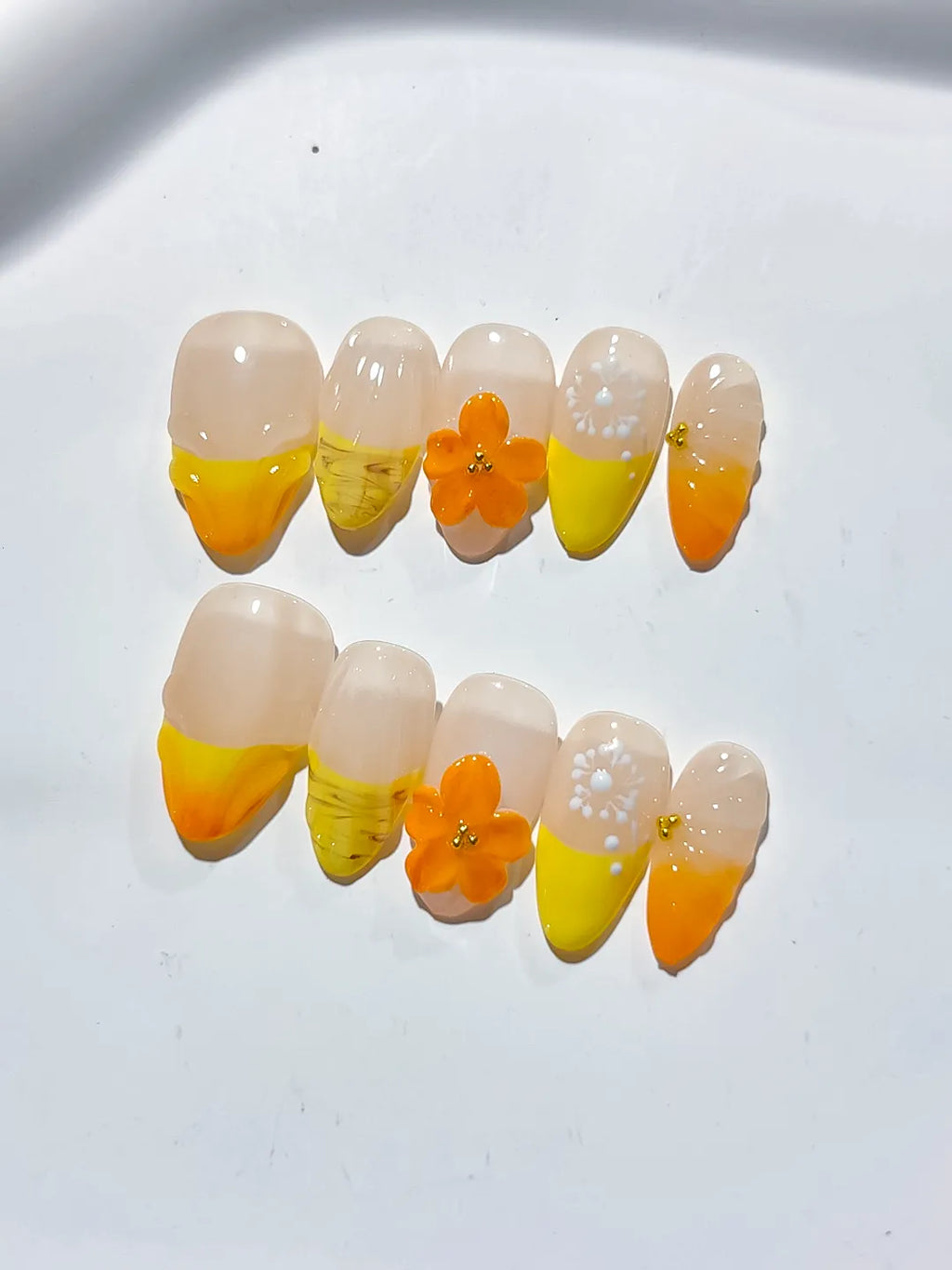 Nude Yellow Orange White French tip Flower Fruit press on nails detail view