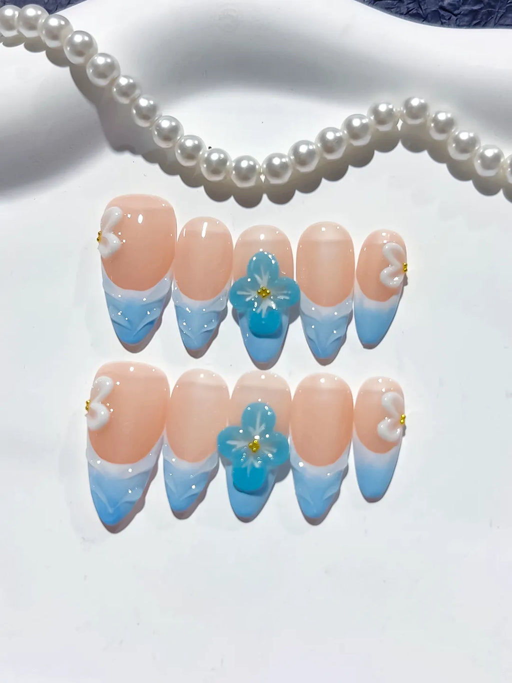 Nude Blue White French tip Flower Bow press on nails detail view