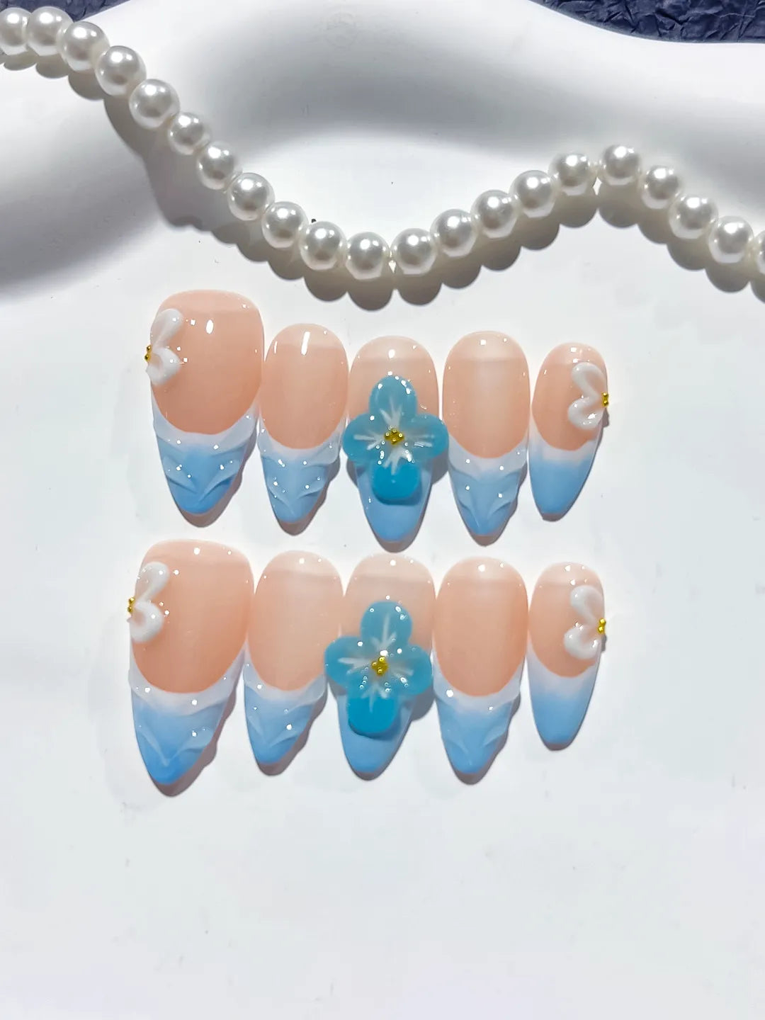 Nude Blue White French tip Flower Bow press on nails detail view