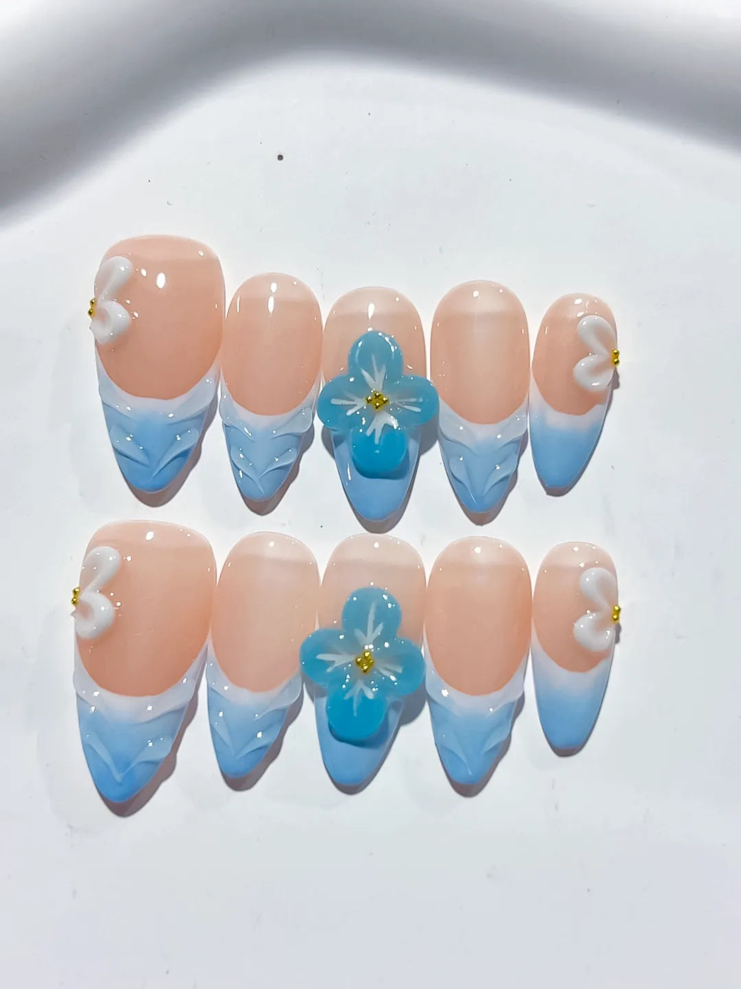 Nude Blue White French tip Flower Bow press on nails close up