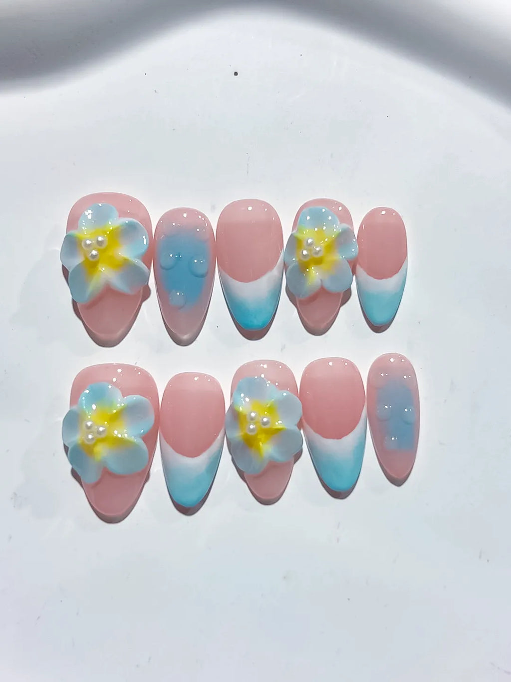 Pink Blue Yellow Ombre Flower press on nails detail view