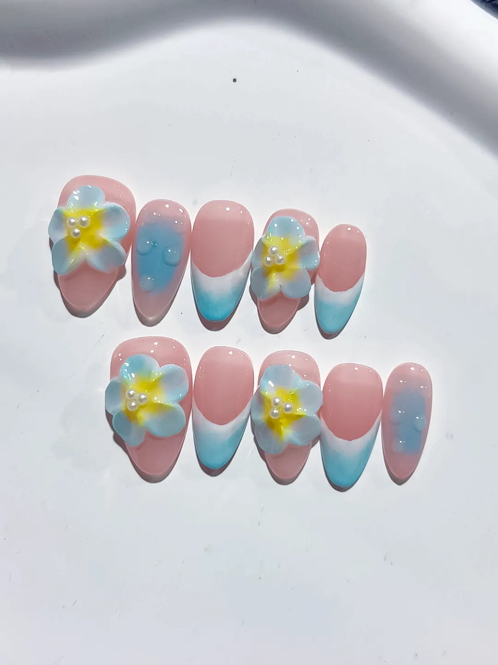 Pink Blue Yellow Ombre Flower press on nails detail view