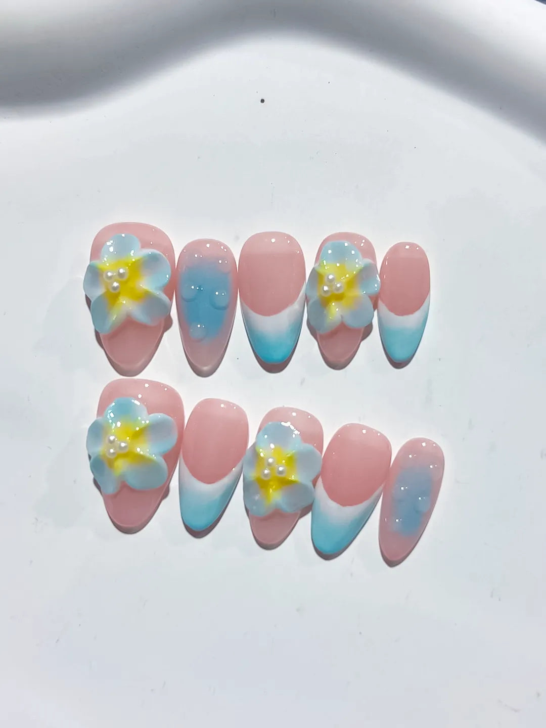 Pink Blue Yellow Ombre Flower press on nails detail view