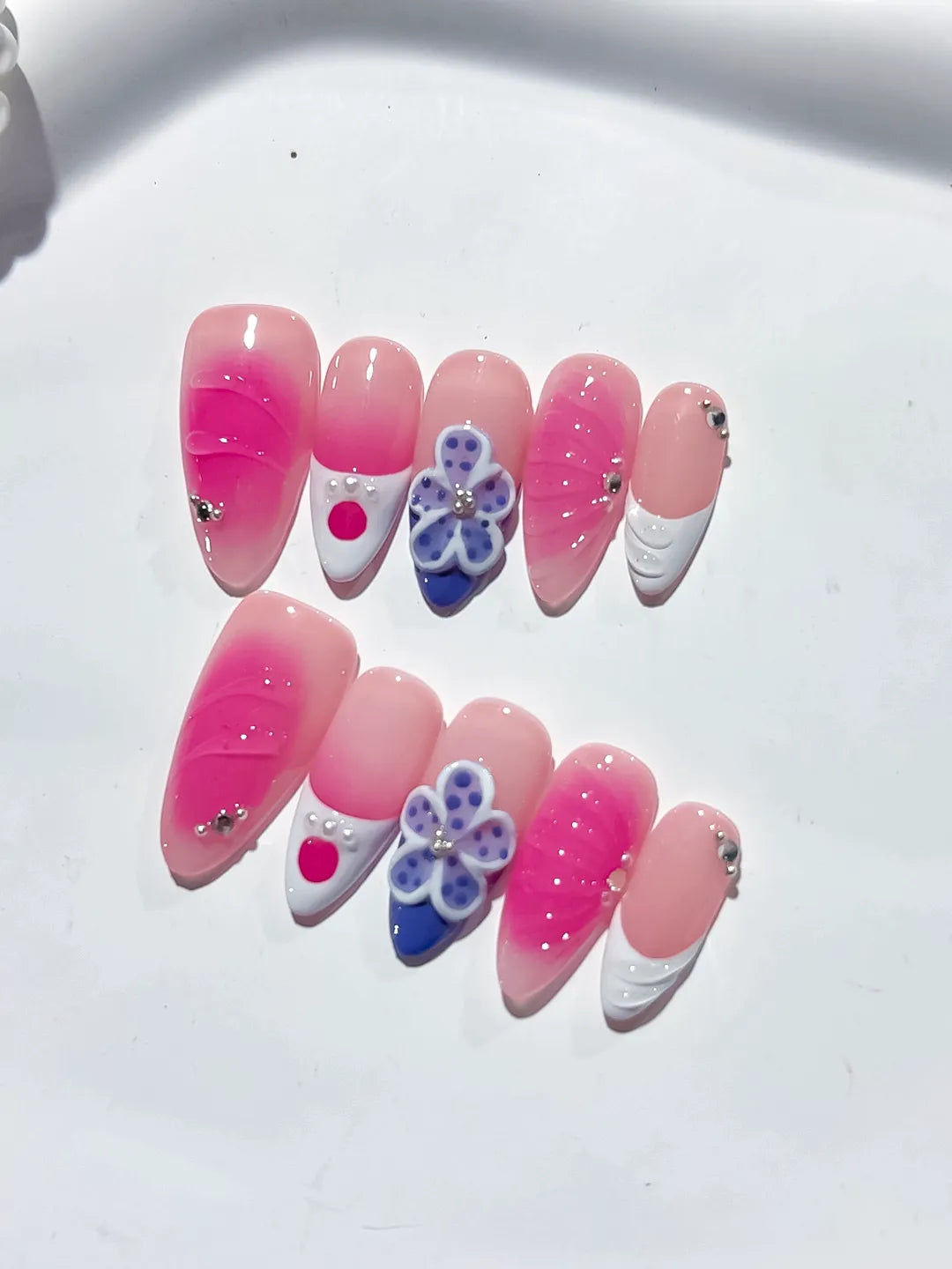 Pink Nude White Blue Ombre Flower Rhinestone press on nails detail view