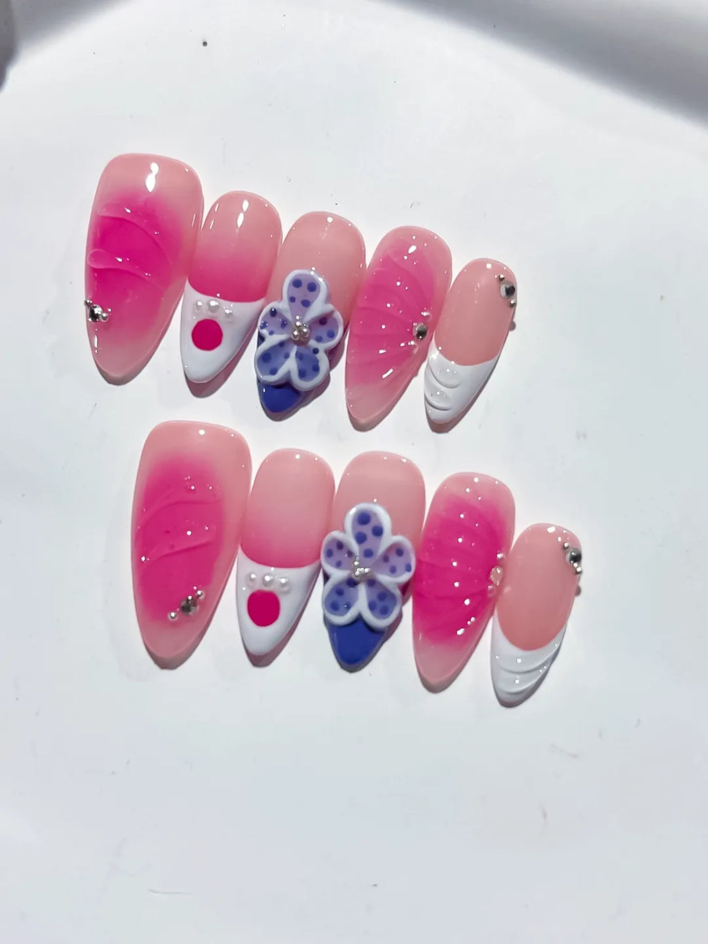 Pink Nude White Blue Ombre Flower Rhinestone press on nails detail view
