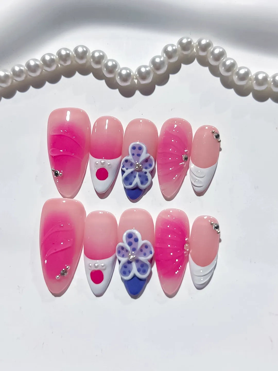 Pink Nude White Blue Ombre Flower Rhinestone press on nails detail view