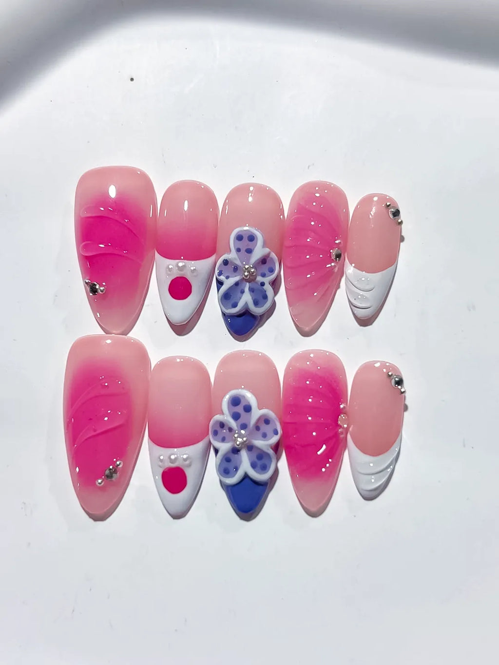 Pink Nude White Blue Ombre Flower Rhinestone press on nails close up