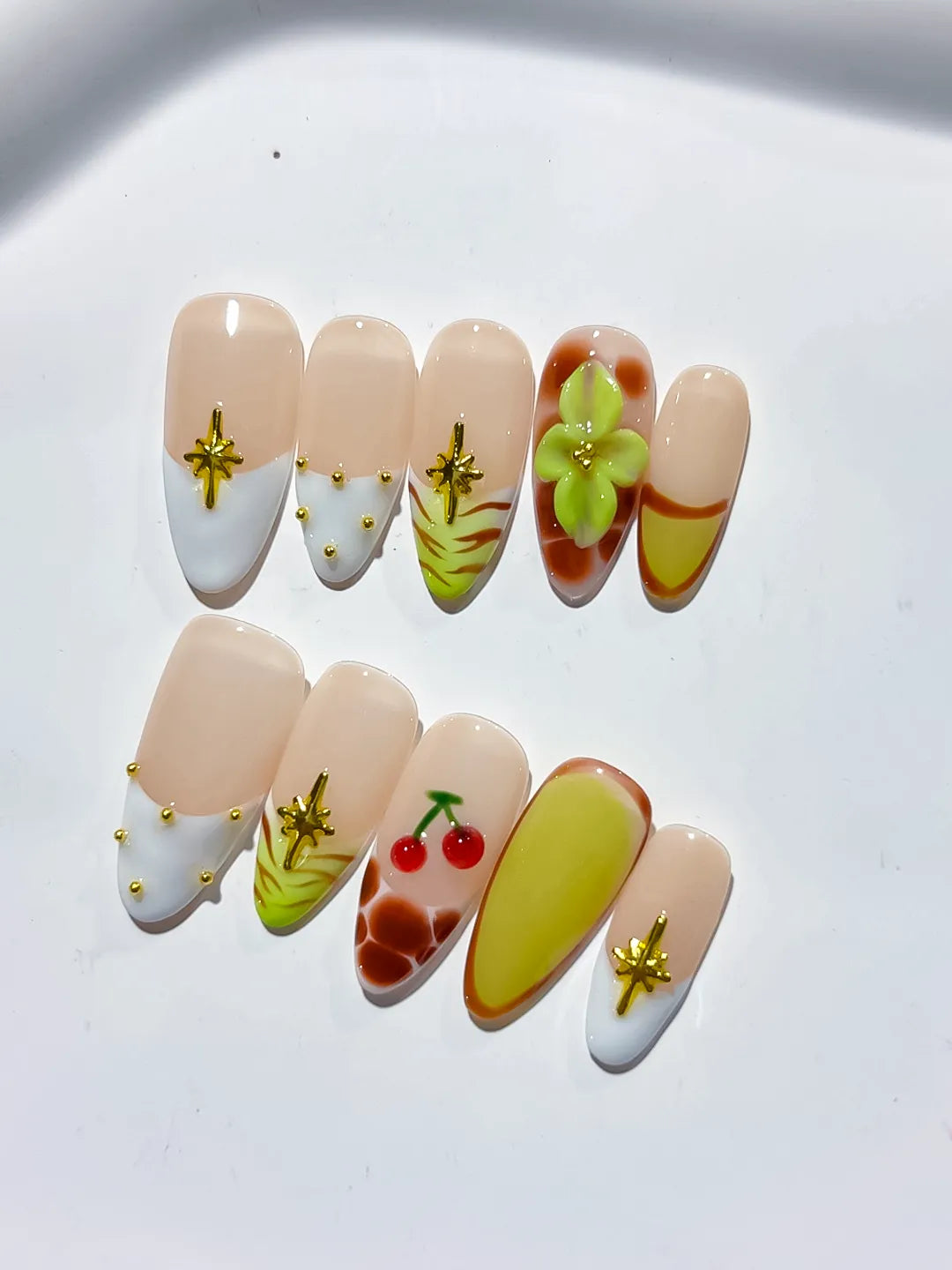 Nude White Green Yellow Brown Red Abstract Cherry Flower Star press on nails detail view