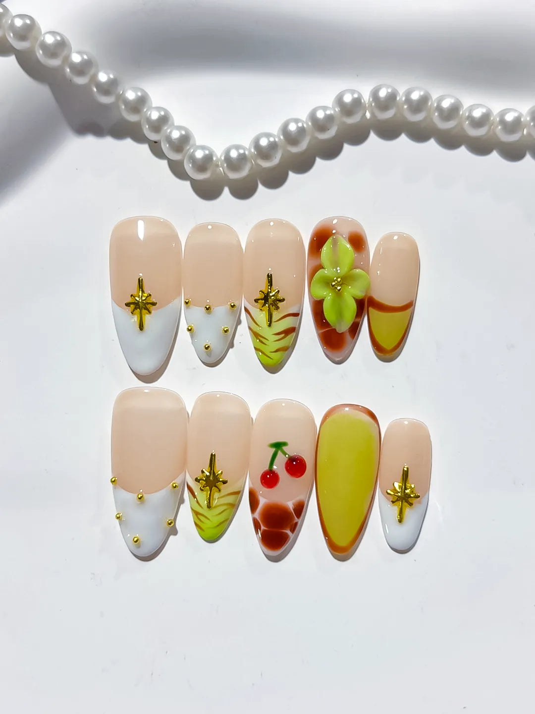 Nude White Green Yellow Brown Red Abstract Cherry Flower Star press on nails detail view