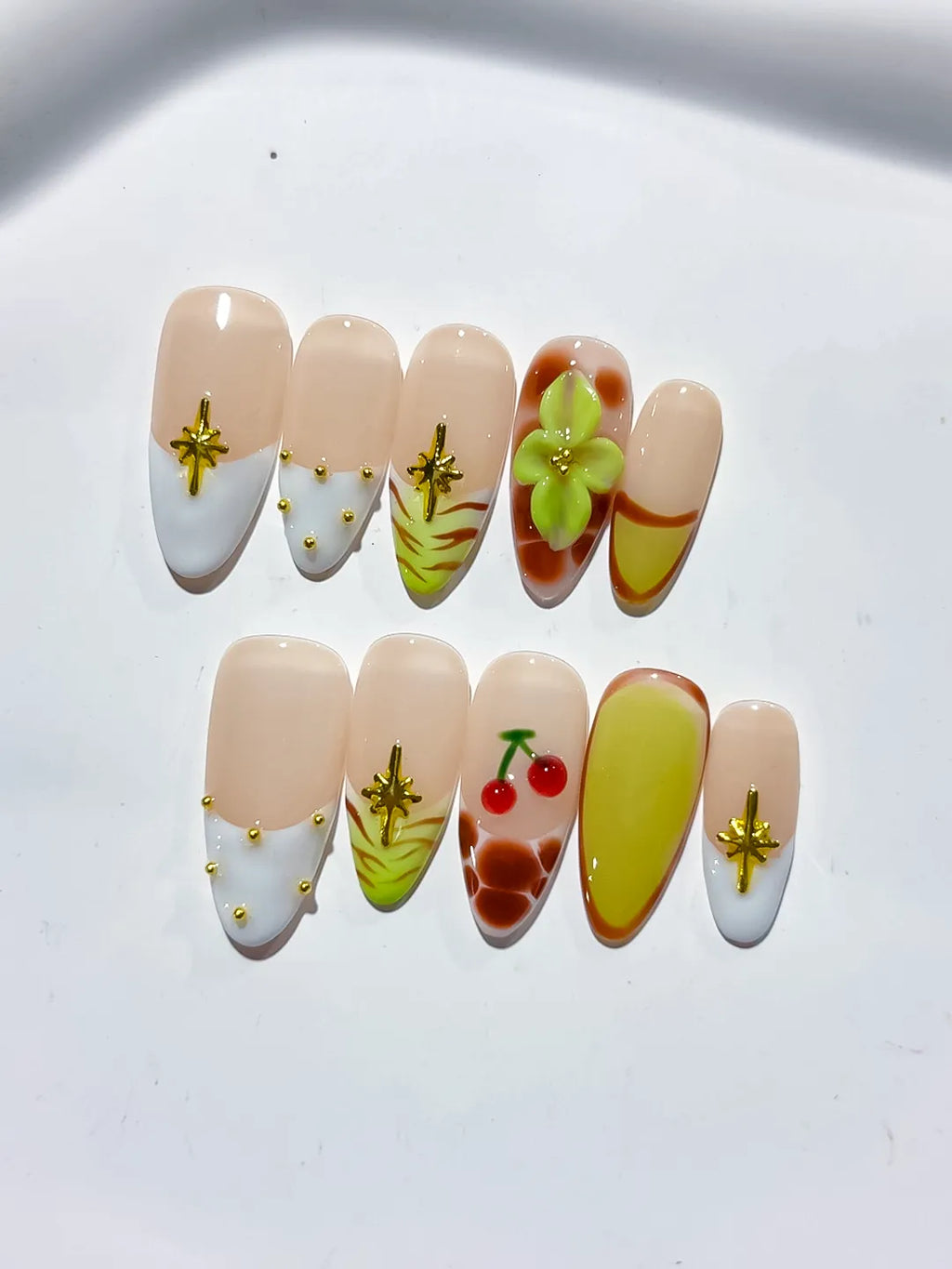 Nude White Green Yellow Brown Red Abstract Cherry Flower Star press on nails detail view