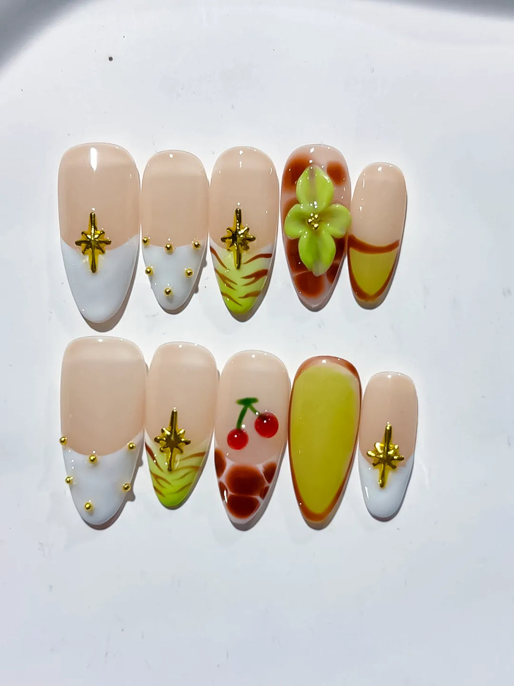 Nude White Green Yellow Brown Red Abstract Cherry Flower Star press on nails close up