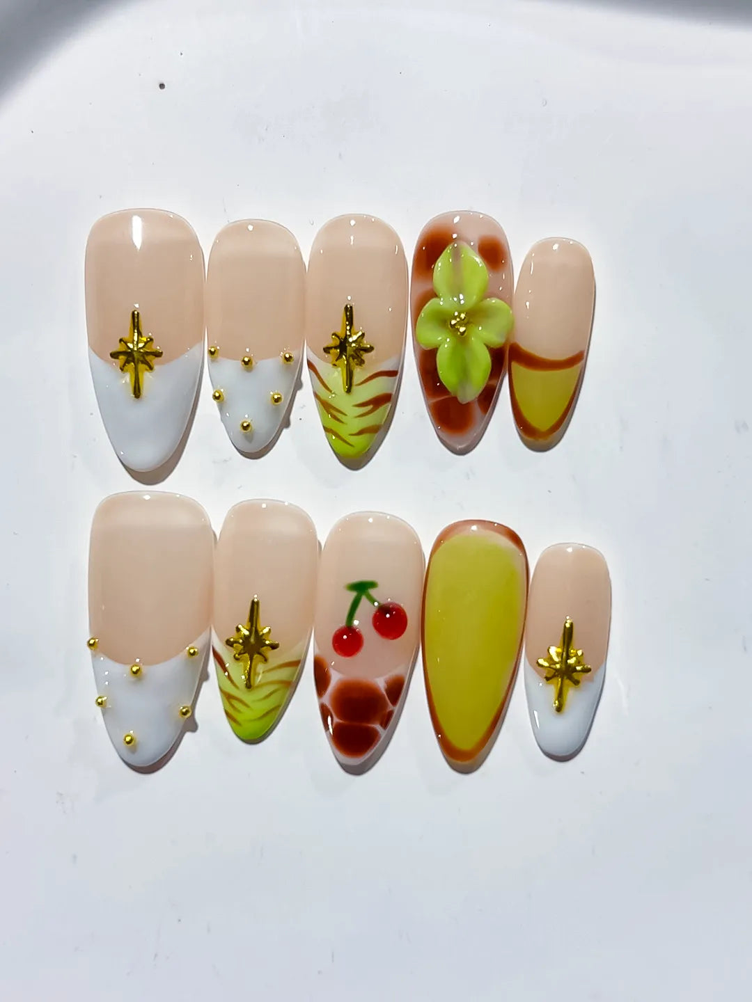 Nude White Green Yellow Brown Red Abstract Cherry Flower Star press on nails close up