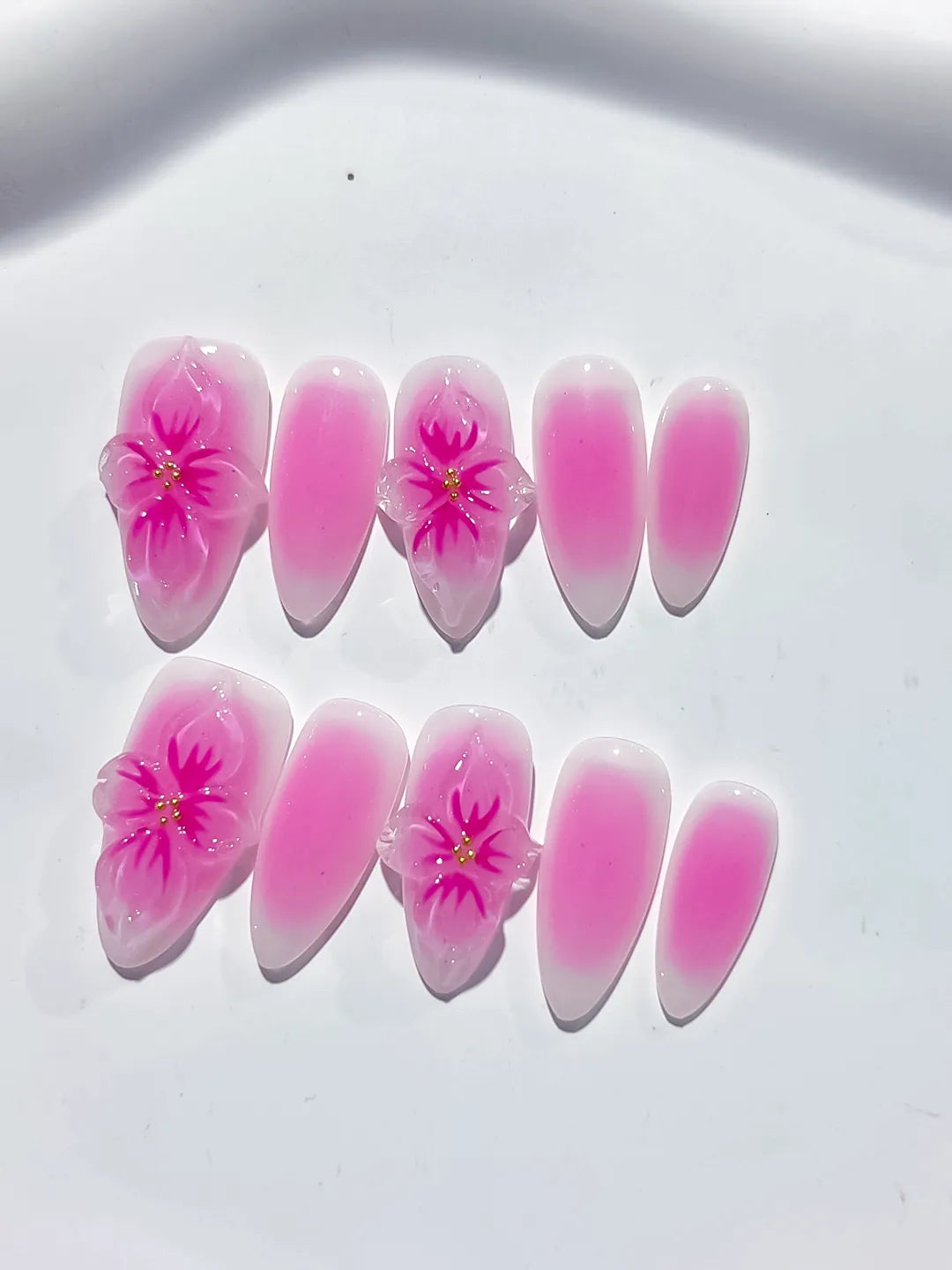 Pink White Ombre Flower press on nails close up