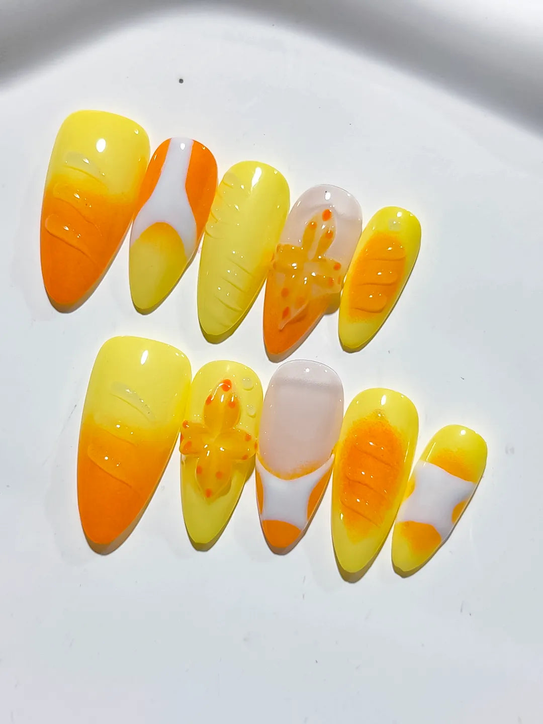 Yellow Orange White Nude Ombre Flower Fruit press on nails detail view