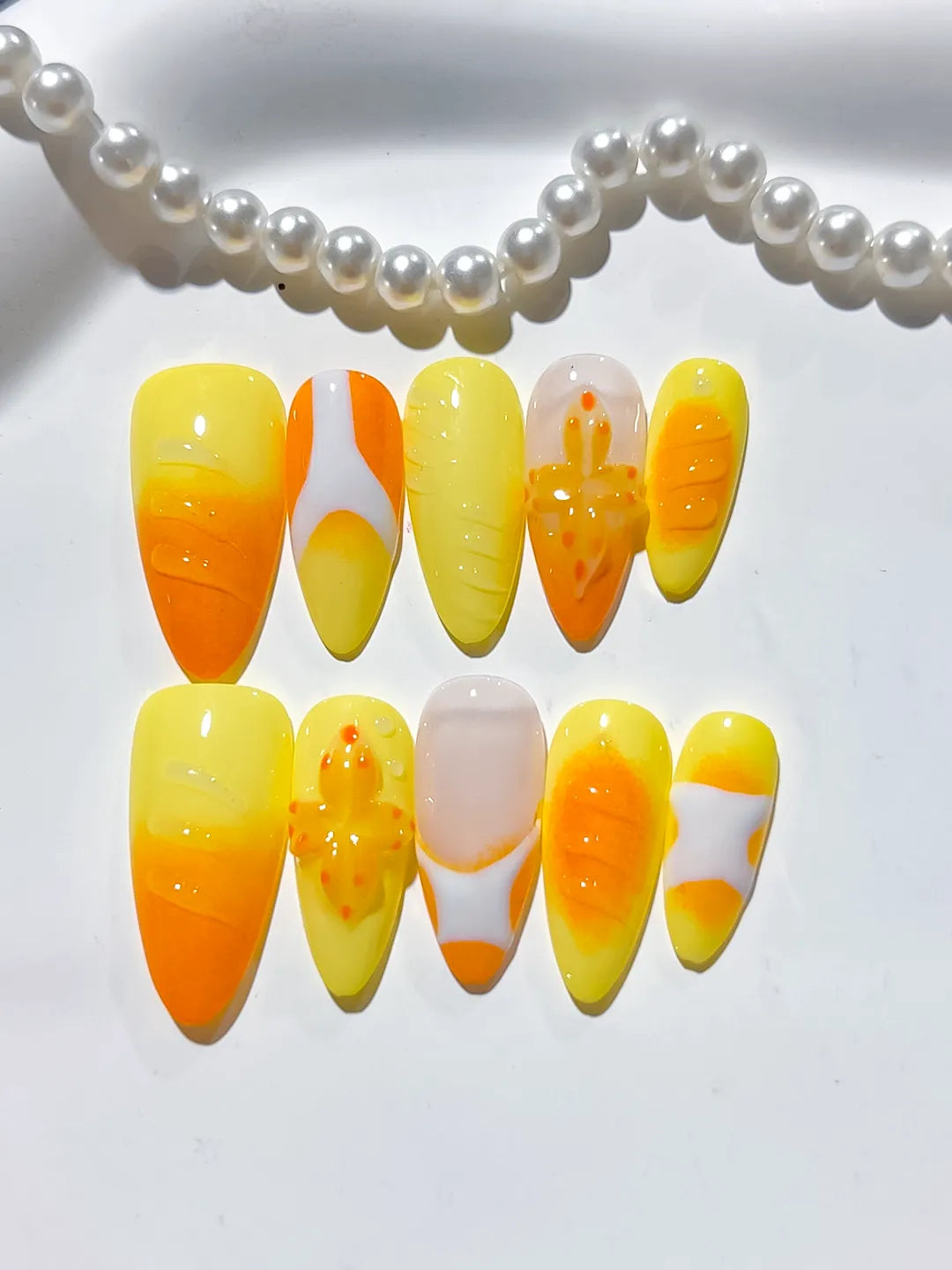 Yellow Orange White Nude Ombre Flower Fruit press on nails detail view