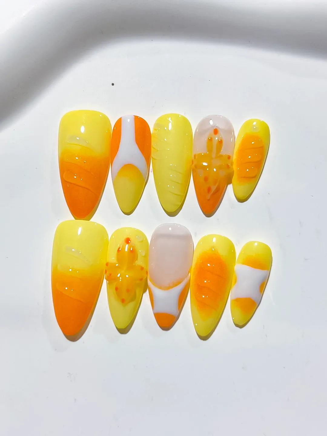 Yellow Orange White Nude Ombre Flower Fruit press on nails close up