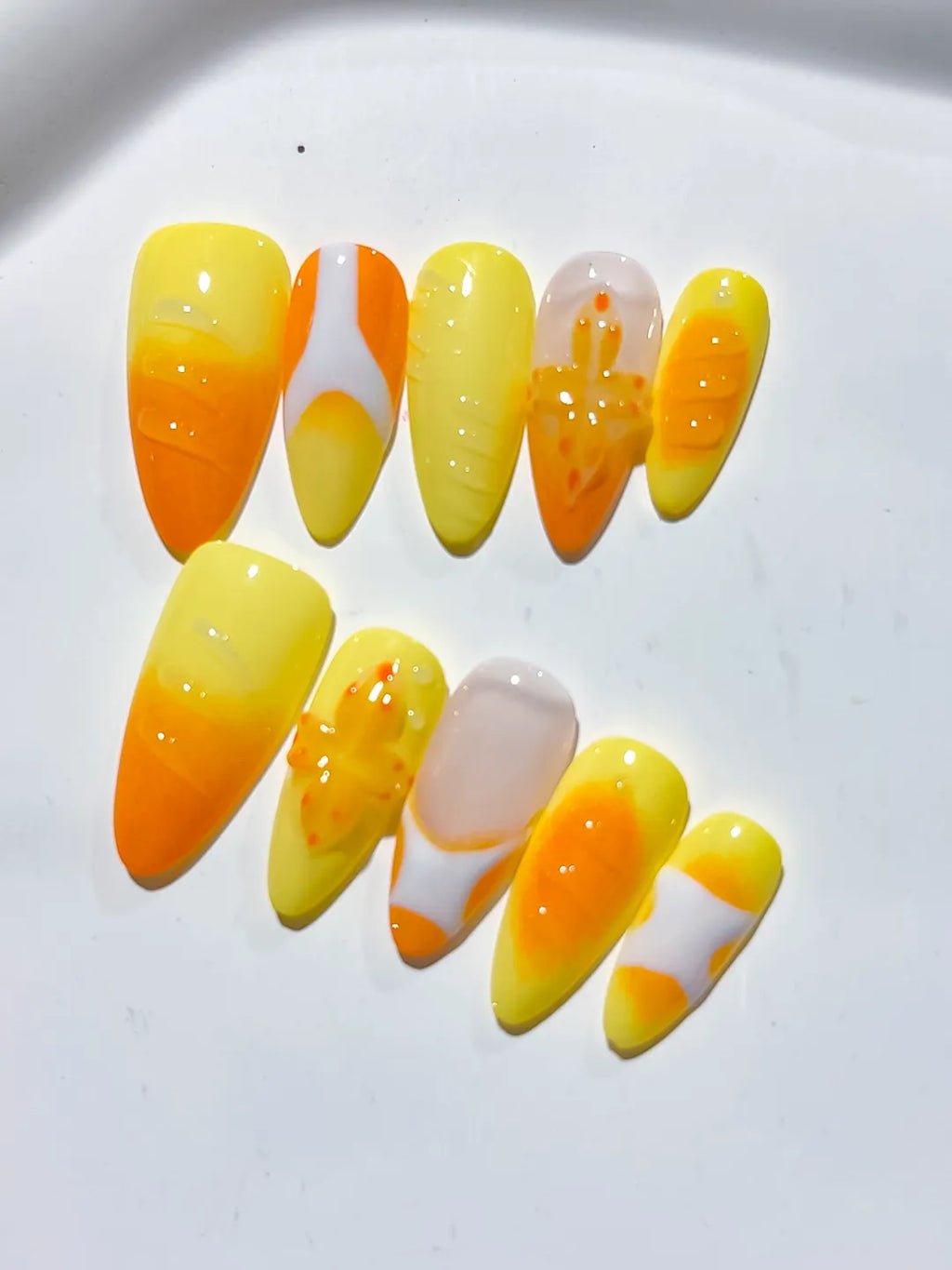 Yellow Orange White Nude Ombre Flower Fruit press on nails detail view