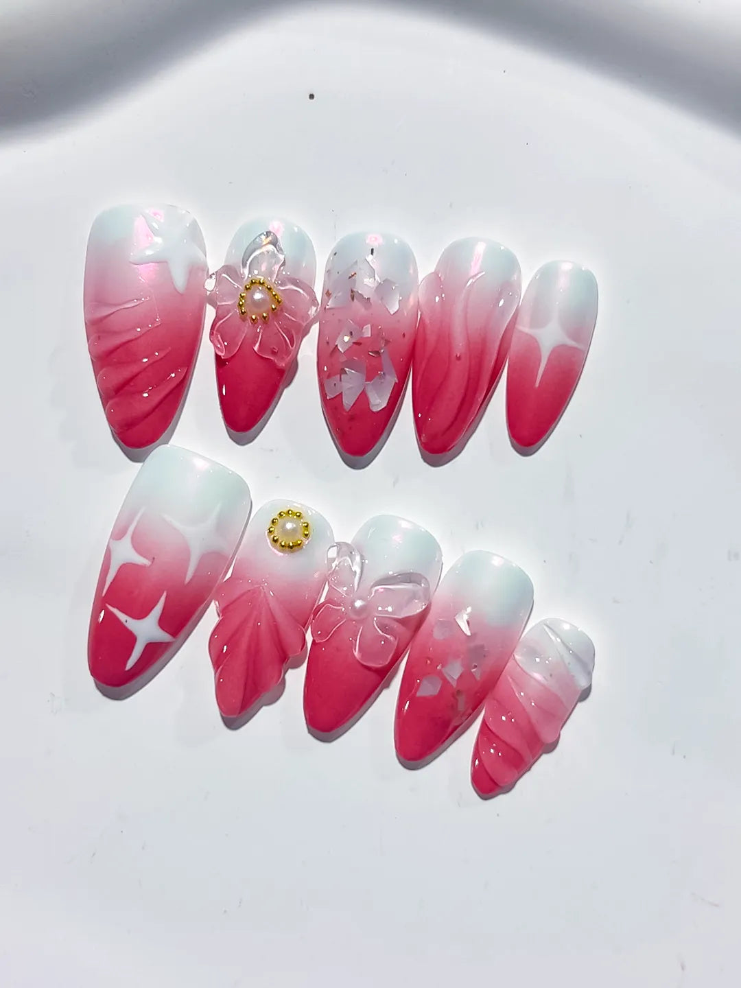 Red White Pink Ombre Flower Bow Star press on nails detail view