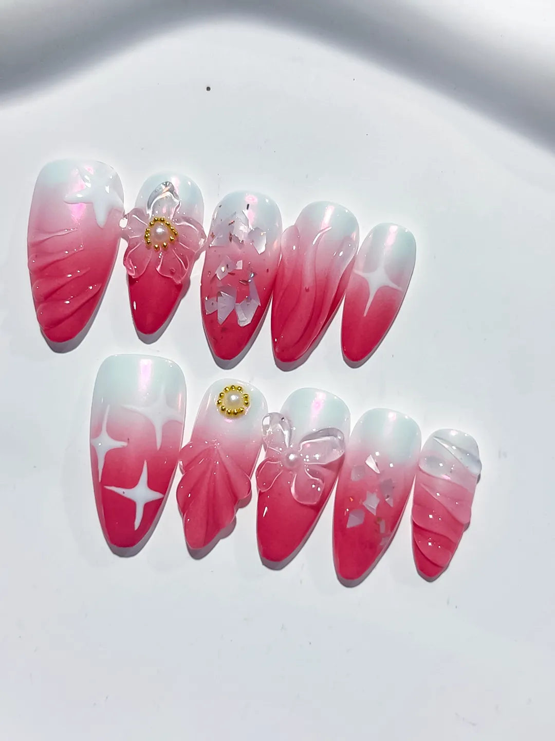 Red White Pink Ombre Flower Bow Star press on nails close up