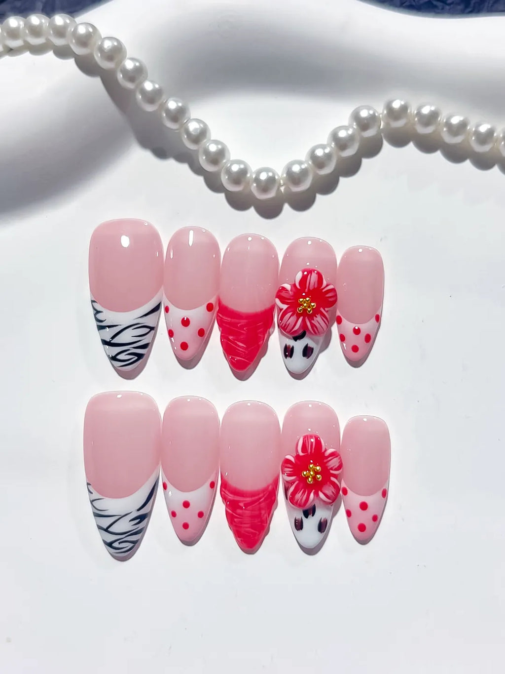Pink White Red Black Abstract Flower Dot Pattern Animal Print press on nails detail view