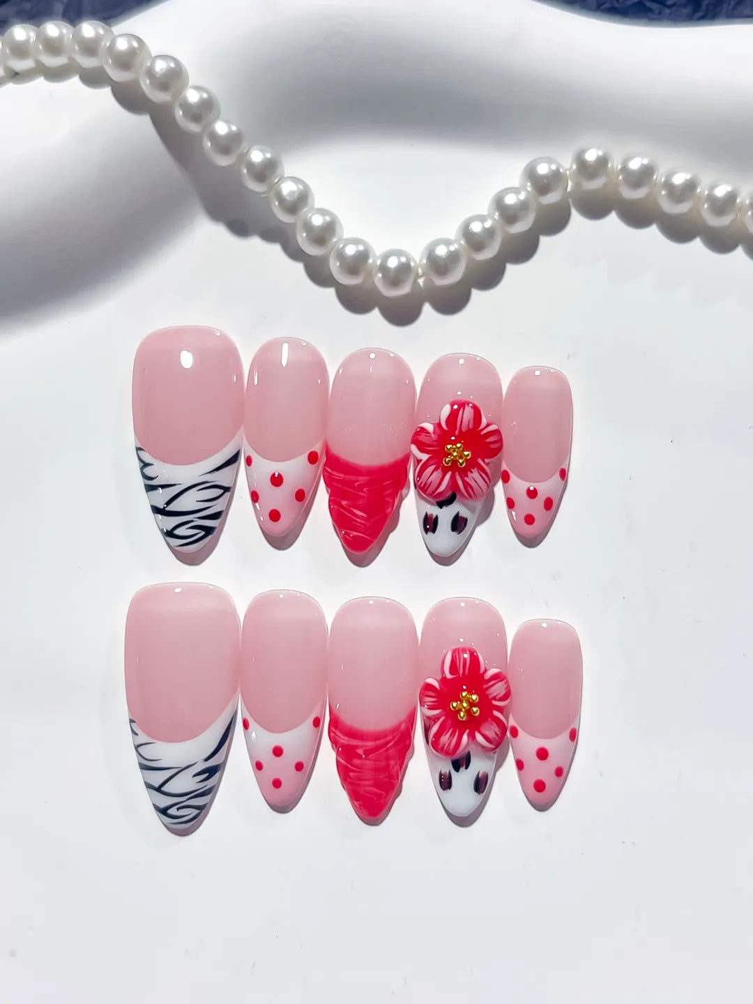 Pink White Red Black Abstract Flower Dot Pattern Animal Print press on nails detail view