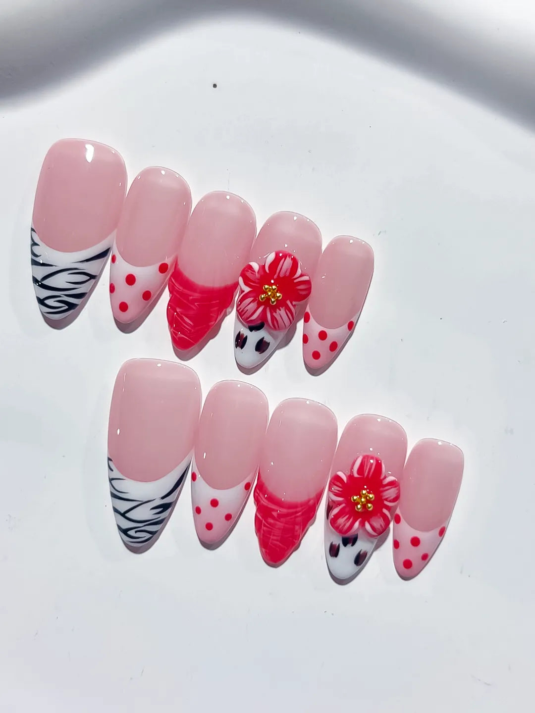Pink White Red Black Abstract Flower Dot Pattern Animal Print press on nails detail view