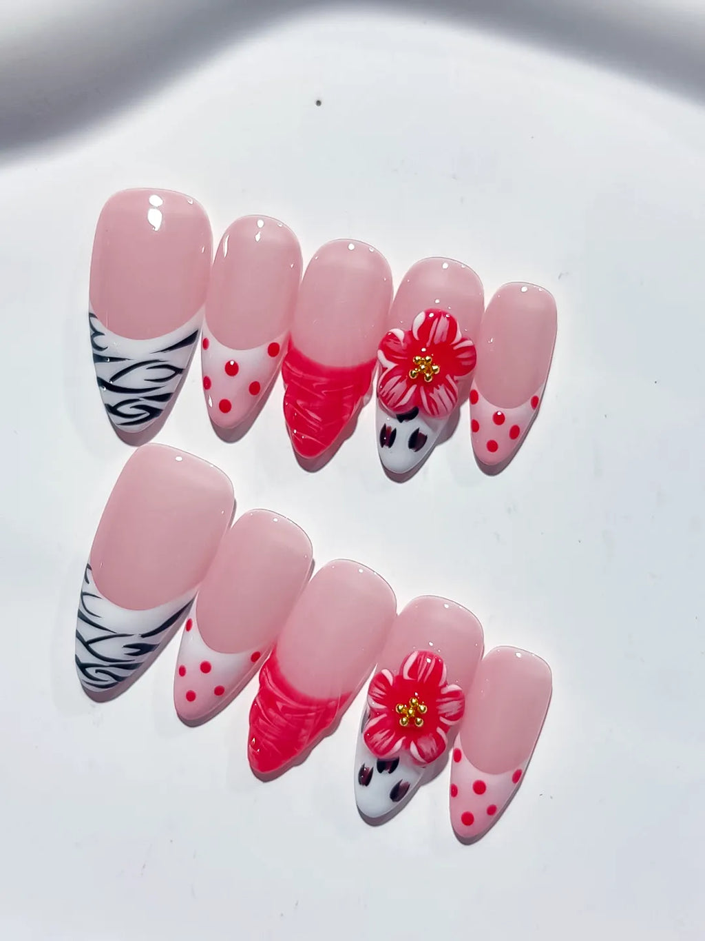 Pink White Red Black Abstract Flower Dot Pattern Animal Print press on nails detail view