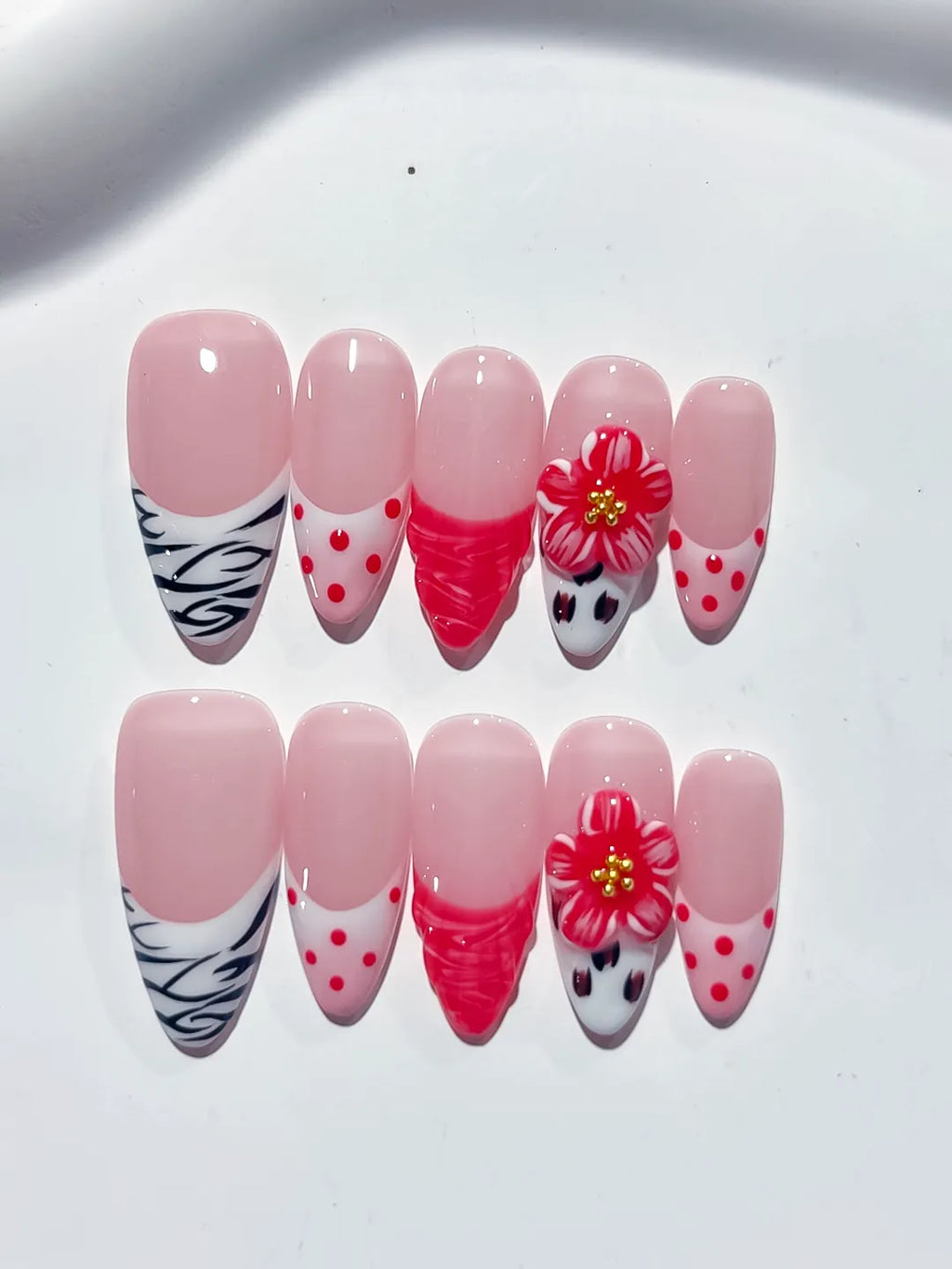 Pink White Red Black Abstract Flower Dot Pattern Animal Print press on nails close up