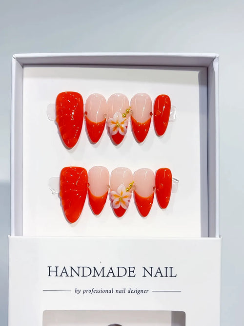 Nude Red Gold French tip Flower Shell press on nails full set view