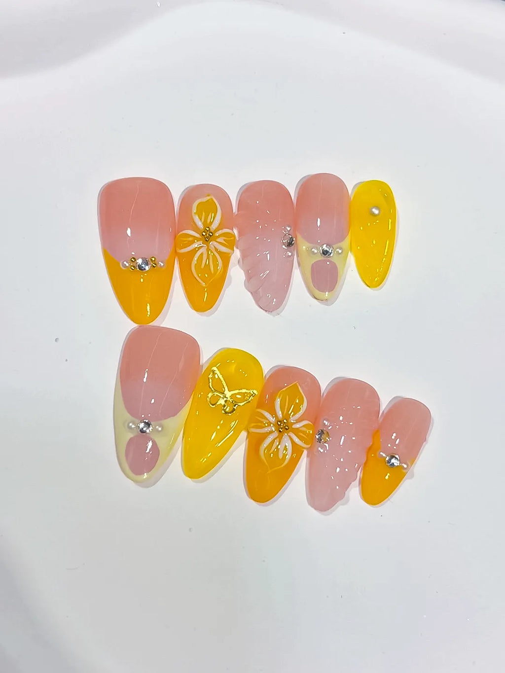 Nude Yellow Pink French tip Flower Rhinestone Heart press on nails detail view