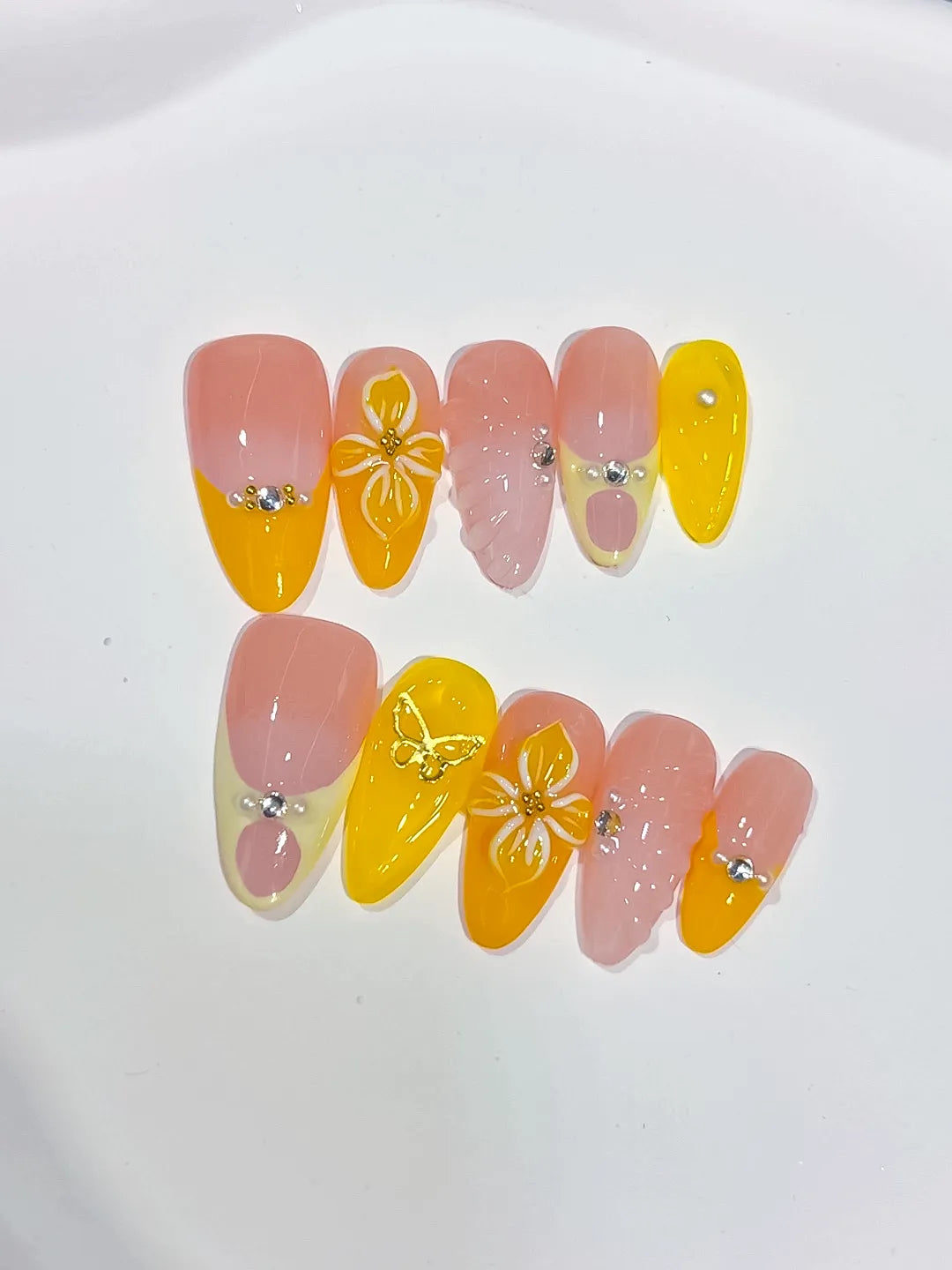 Nude Yellow Pink French tip Flower Rhinestone Heart press on nails detail view