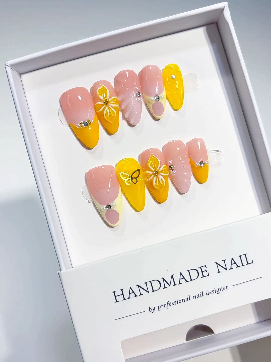 Nude Yellow Pink French tip Flower Rhinestone Heart press on nails detail view