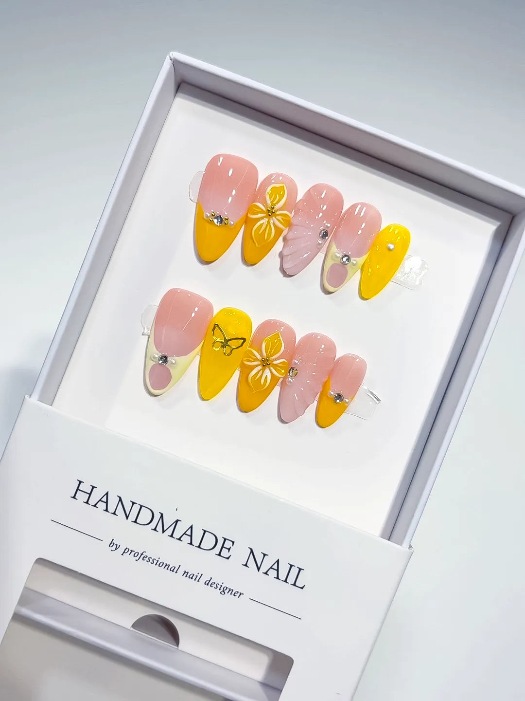 Nude Yellow Pink French tip Flower Rhinestone Heart press on nails