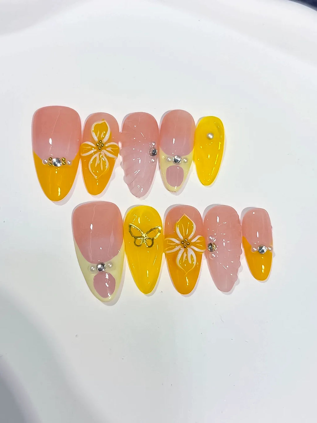 Nude Yellow Pink French tip Flower Rhinestone Heart press on nails full set view