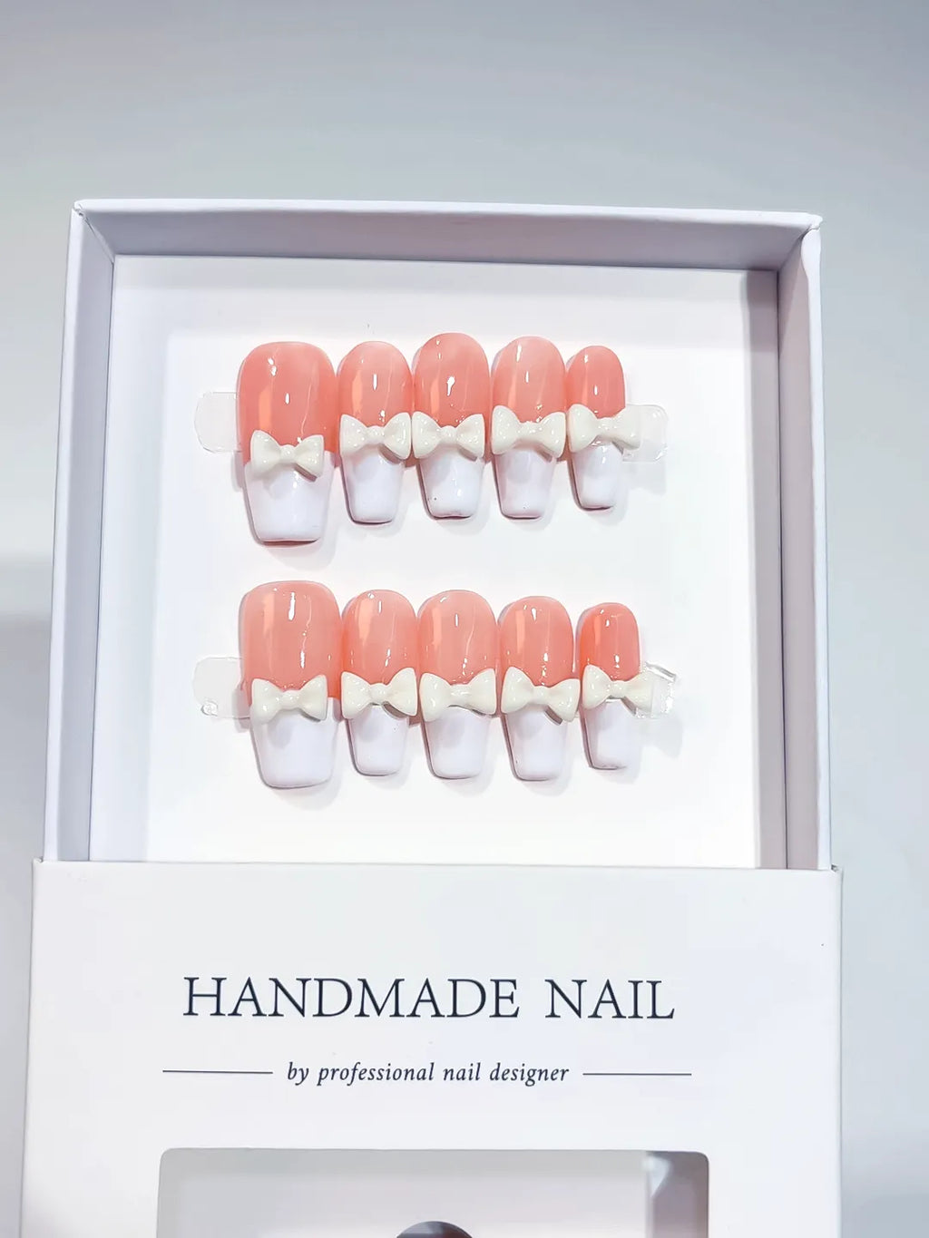 Pink White French tip Bow press on nails full set view