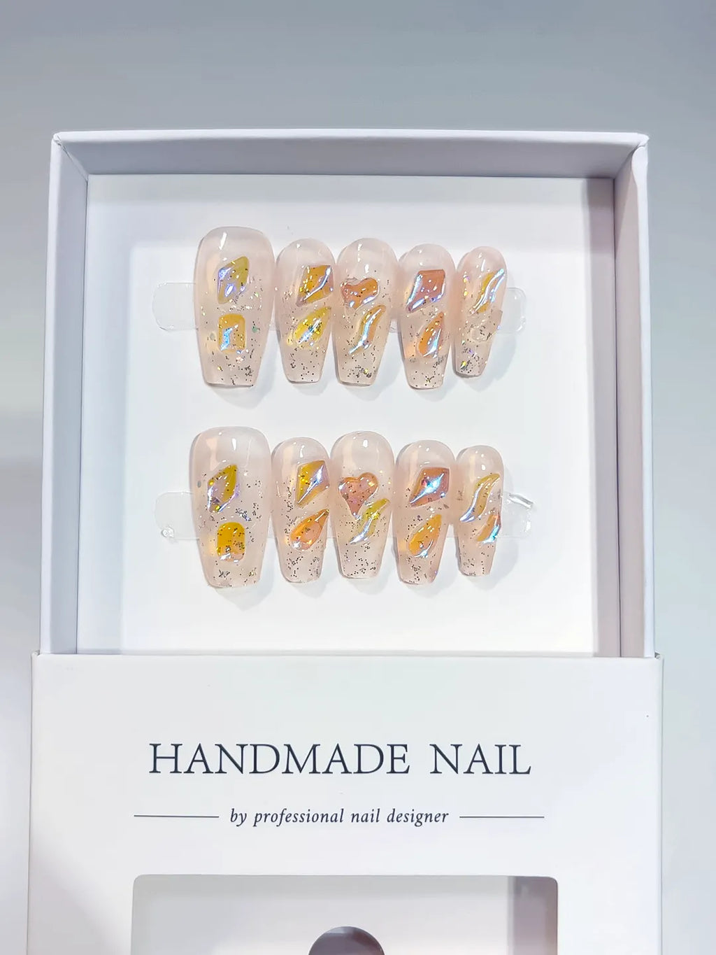 Nude Gold Multicolor Abstract Glitter Foil press on nails full set view