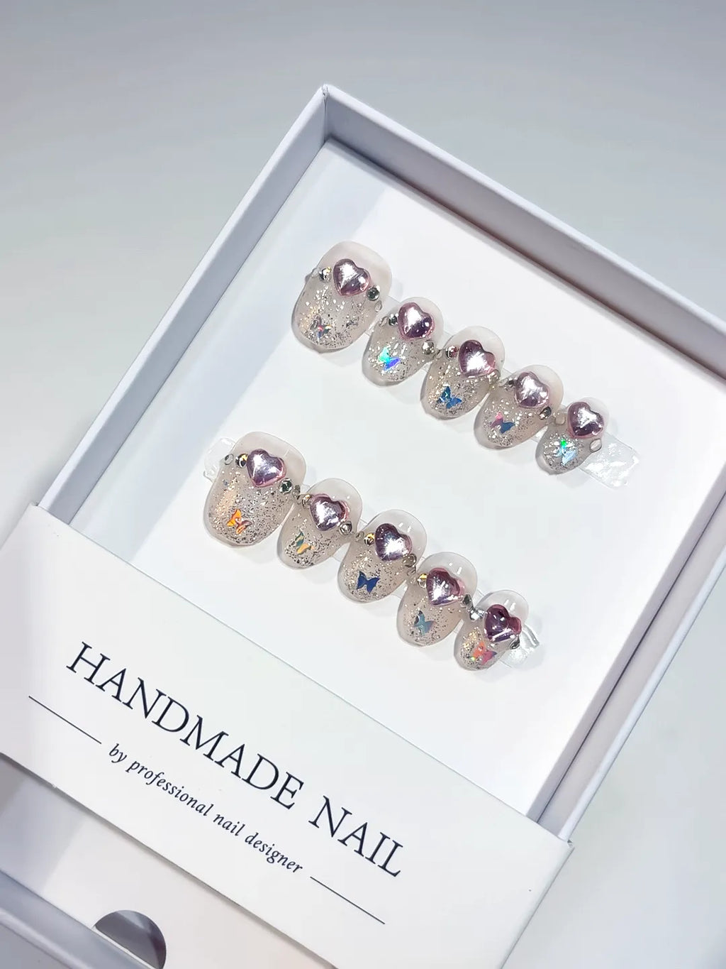 Nude Silver Multicolor Glitter Heart Butterfly Rhinestone press on nails