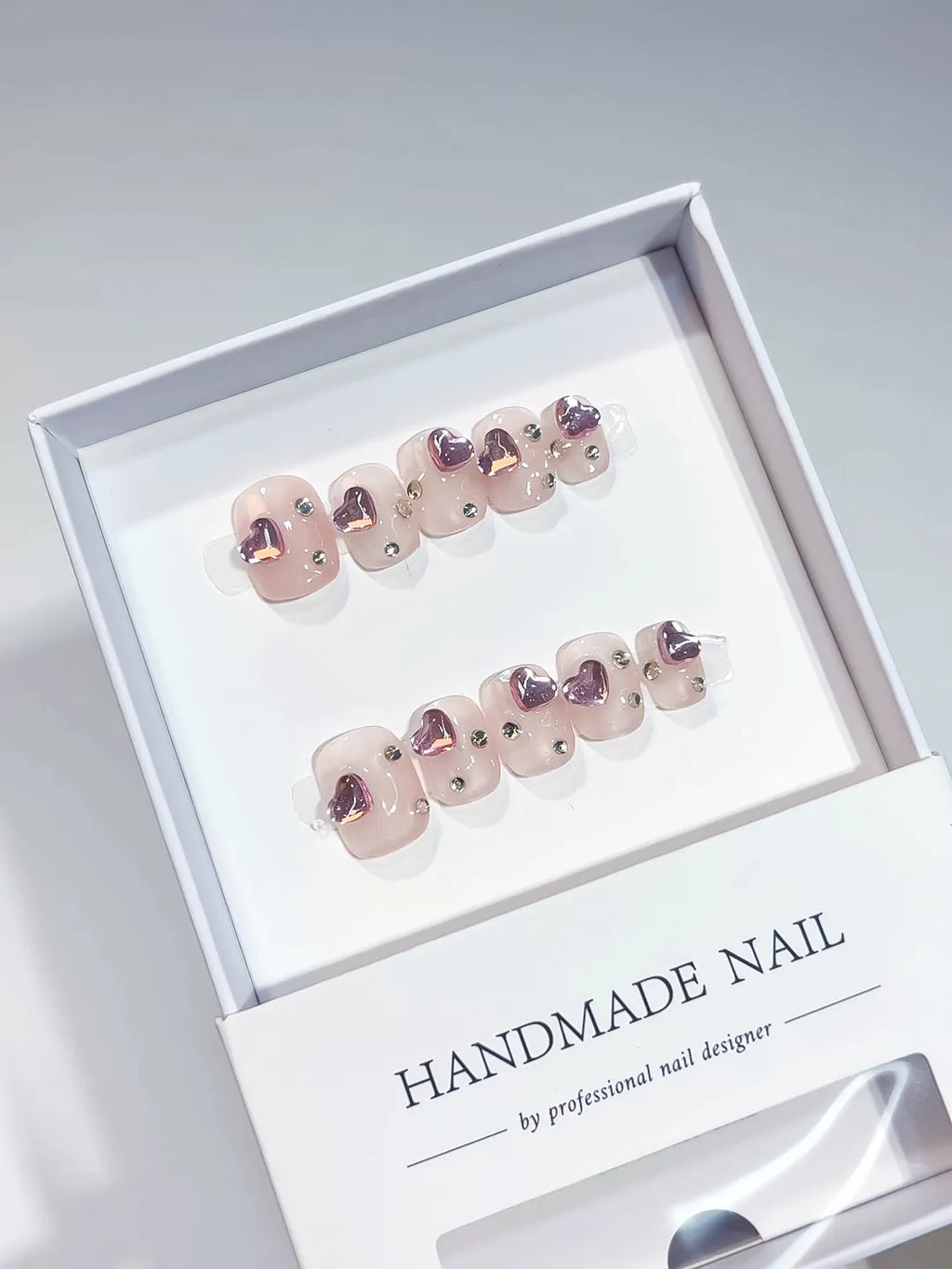 Nude Purple Solid color Heart Rhinestone press on nails full set view