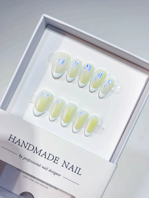 handmade press on nails short almond white french with subtle glow 